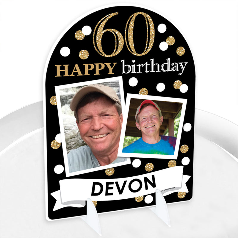 Adult 60th Birthday - Gold - Personalized Birthday Party Picture Display Stand - Photo Tabletop Sign - Upload 2 Photos - 1 Piece