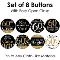 Adult 60th Birthday - Gold - 3 inch Birthday Party Badge - Pinback Buttons - Set of 8