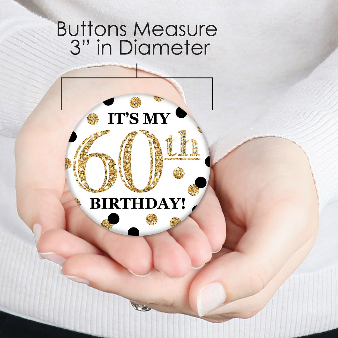 Adult 60th Birthday - Gold - 3 inch Birthday Party Badge - Pinback Buttons - Set of 8