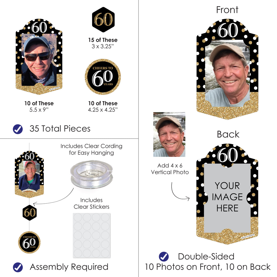 Adult 60th Birthday - Gold - Birthday Party DIY Backdrop Decor - Hanging Vertical Photo Garland - 35 Pieces