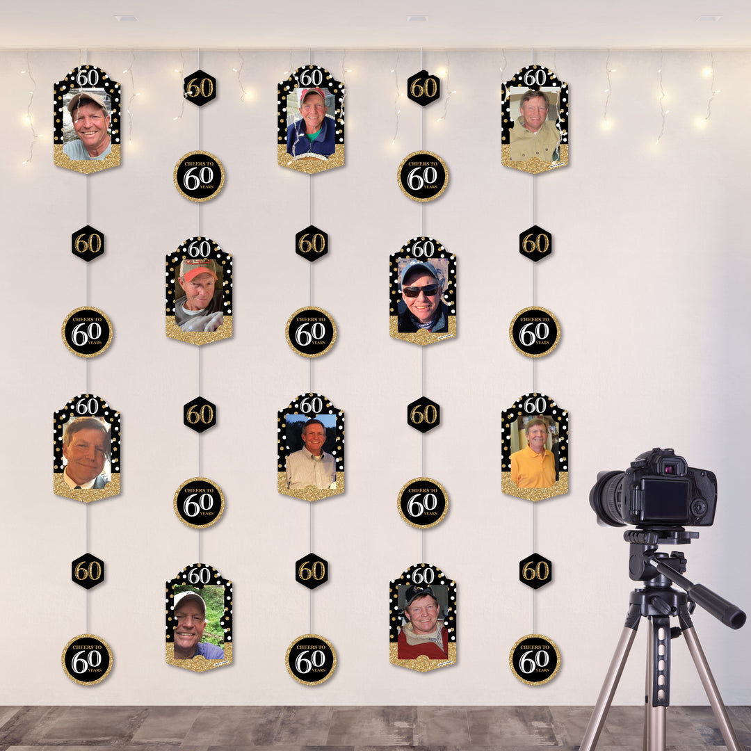 Adult 60th Birthday - Gold - Birthday Party DIY Backdrop Decor - Hanging Vertical Photo Garland - 35 Pieces