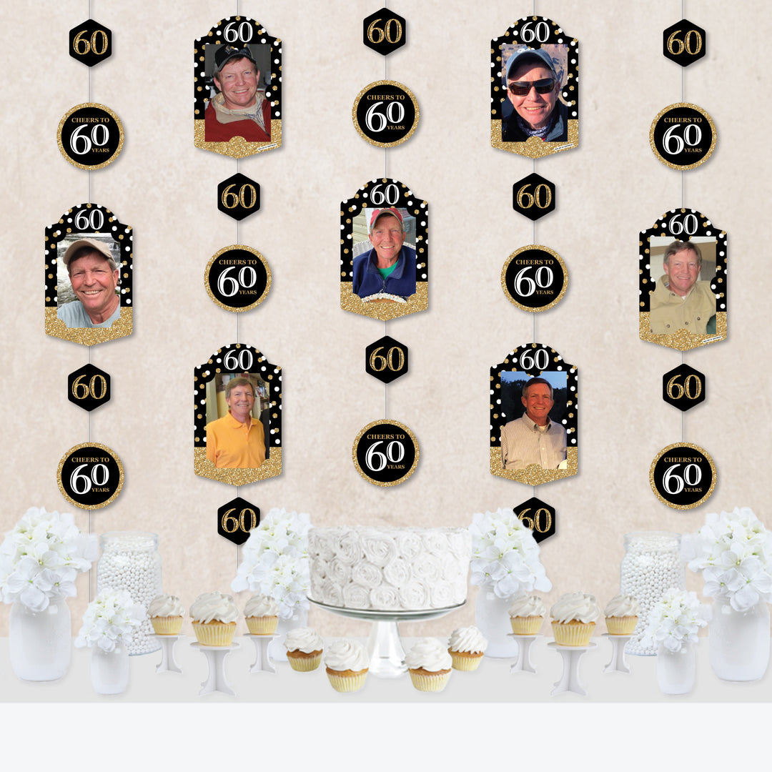 Adult 60th Birthday - Gold - Birthday Party DIY Backdrop Decor - Hanging Vertical Photo Garland - 35 Pieces