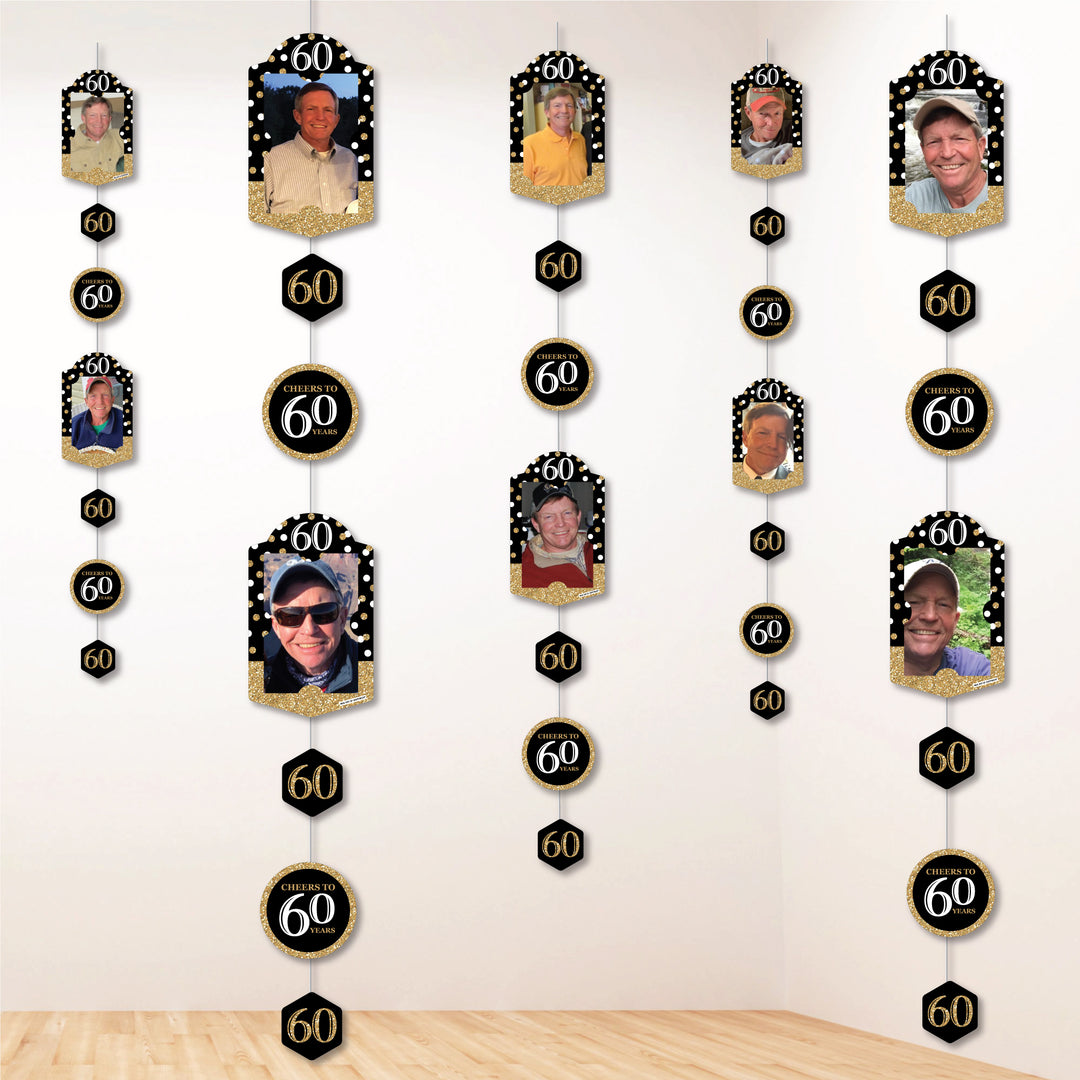 Adult 60th Birthday - Gold - Birthday Party DIY Backdrop Decor - Hanging Vertical Photo Garland - 35 Pieces
