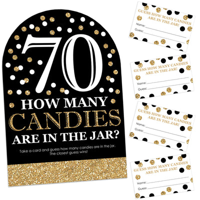 Adult 70th Birthday - Gold - How Many Candies Birthday Party Game - 1 Stand and 40 Cards - Candy Guessing Game