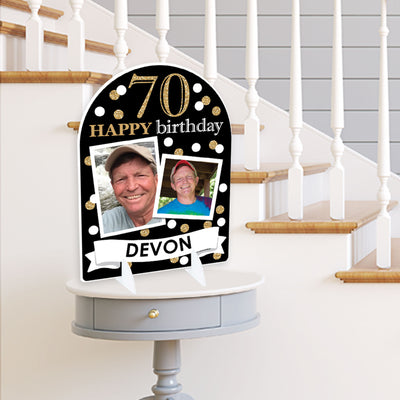Adult 70th Birthday - Gold - Personalized Birthday Party Picture Display Stand - Photo Tabletop Sign - Upload 2 Photos - 1 Piece