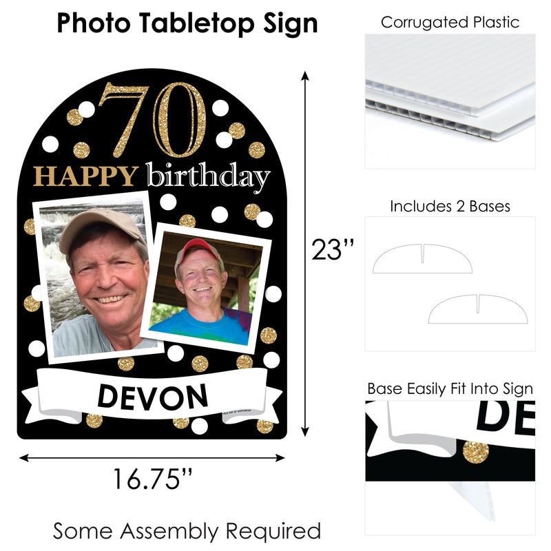 Adult 70th Birthday - Gold - Personalized Birthday Party Picture Display Stand - Photo Tabletop Sign - Upload 2 Photos - 1 Piece