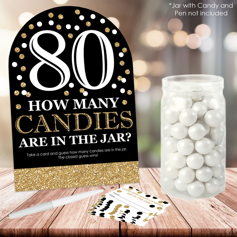 Adult 80th Birthday - Gold - How Many Candies Birthday Party Game - 1 Stand and 40 Cards - Candy Guessing Game