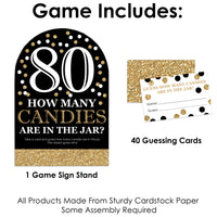 Adult 80th Birthday - Gold - How Many Candies Birthday Party Game - 1 Stand and 40 Cards - Candy Guessing Game