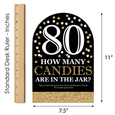 Adult 80th Birthday - Gold - How Many Candies Birthday Party Game - 1 Stand and 40 Cards - Candy Guessing Game