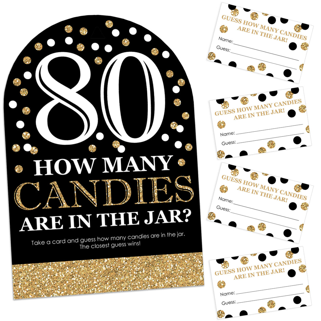 A black and gold party game sign with the number 80 and text that reads 'How many candies are in the jar?' along with 40 guess cards, for a birthday party game.