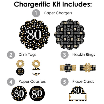 Adult 80th Birthday - Gold - Birthday Party Paper Charger and Table Decorations - Chargerific Kit - Place Setting for 8