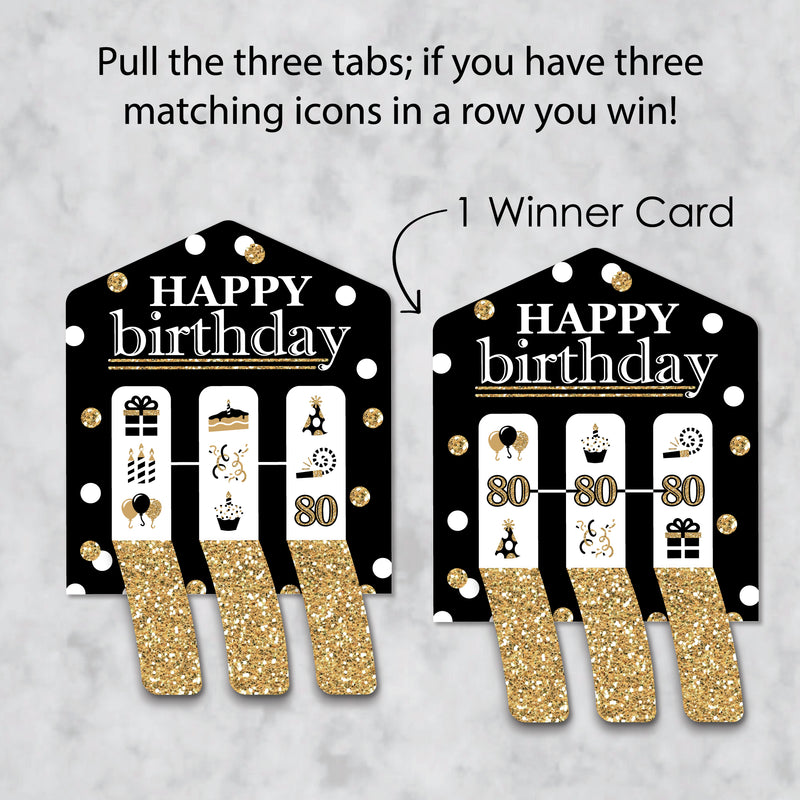 Adult 80th Birthday - Gold - Birthday Party Game Pickle Cards - Pull Tabs 3-in-a-Row - Set of 12