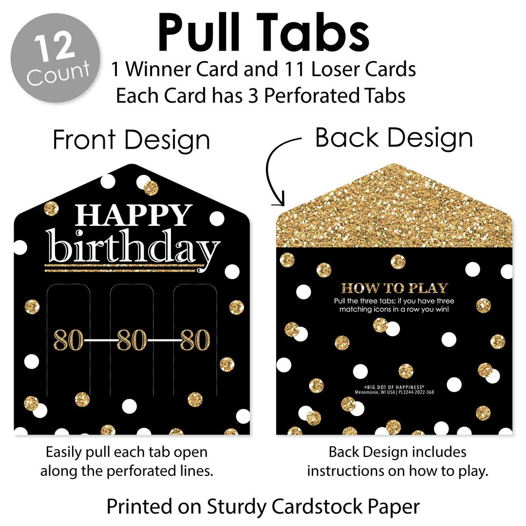 Adult 80th Birthday - Gold - Birthday Party Game Pickle Cards - Pull Tabs 3-in-a-Row - Set of 12