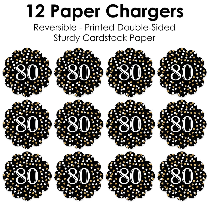 Adult 80th Birthday - Gold - Birthday Party Round Table Decorations - Paper Chargers - Place Setting For 12