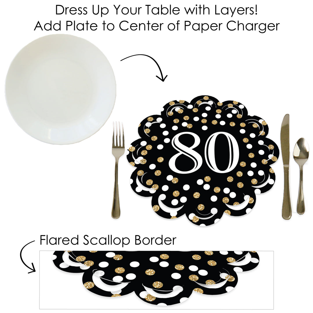 Adult 80th Birthday - Gold - Birthday Party Round Table Decorations - Paper Chargers - Place Setting For 12