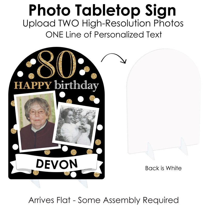 Adult 80th Birthday - Gold - Personalized Birthday Party Picture Display Stand - Photo Tabletop Sign - Upload 2 Photos - 1 Piece