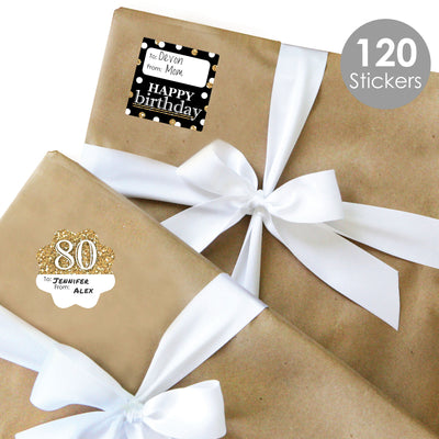 Adult 80th Birthday - Gold - Assorted Birthday Party Gift Tag Labels - To and From Stickers - 12 Sheets - 120 Stickers
