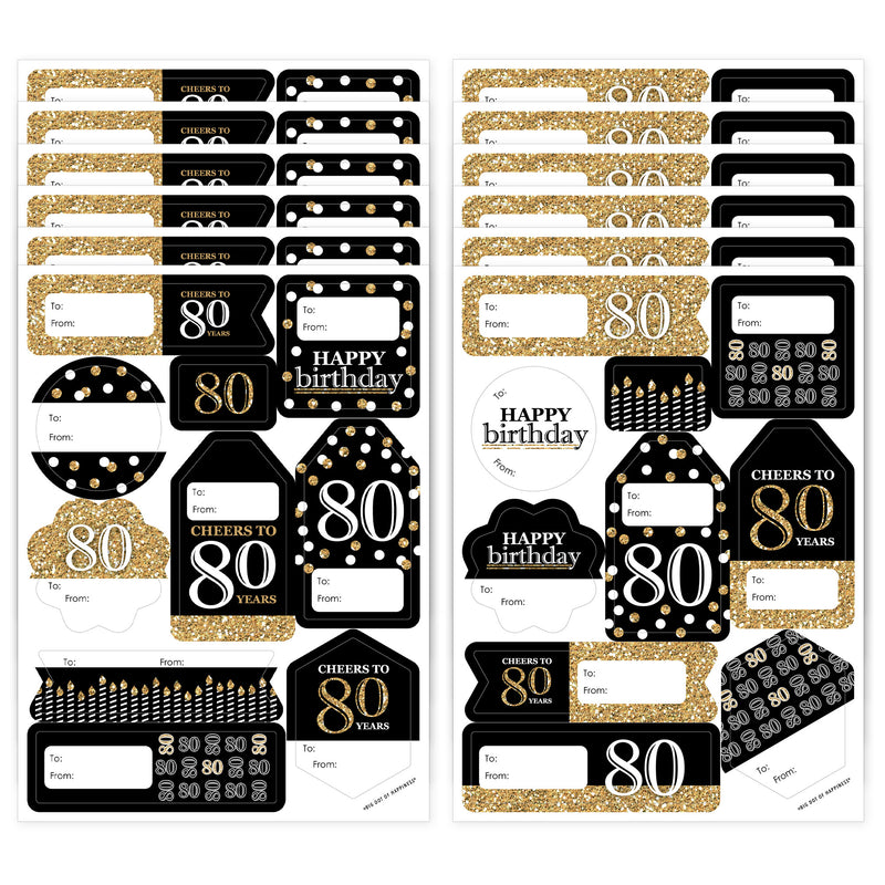 Adult 80th Birthday - Gold - Assorted Birthday Party Gift Tag Labels - To and From Stickers - 12 Sheets - 120 Stickers