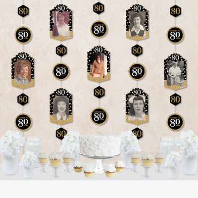 Adult 80th Birthday - Gold - Birthday Party DIY Backdrop Decor - Hanging Vertical Photo Garland - 35 Pieces