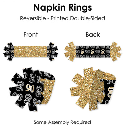 Adult 90th Birthday - Gold - Birthday Party Paper Napkin Holder - Napkin Rings - Set of 24