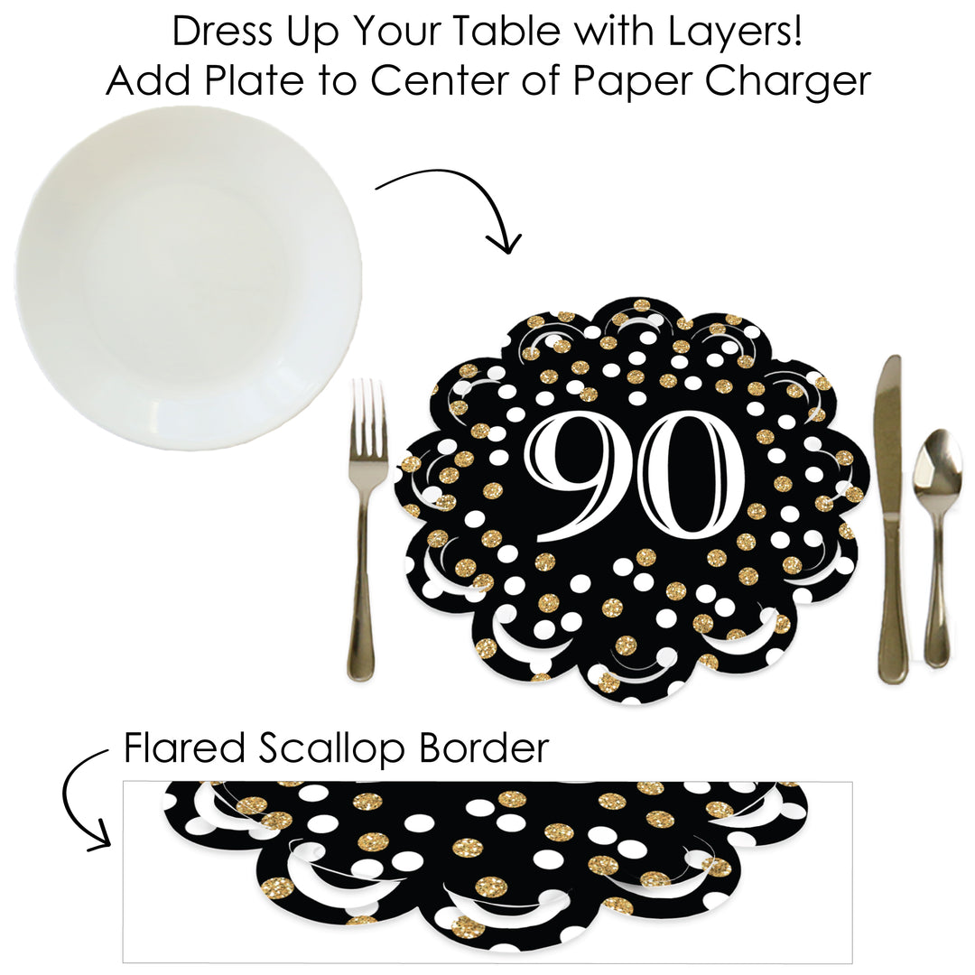 Adult 90th Birthday - Gold - Birthday Party Round Table Decorations - Paper Chargers - Place Setting For 12