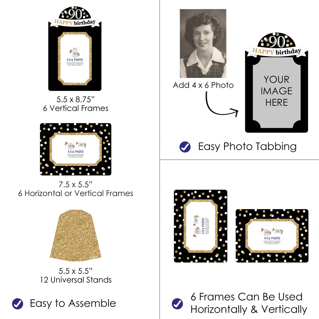 Adult 90th Birthday - Gold - Birthday Party 4x6 Picture Display - Paper Photo Frames - Set of 12