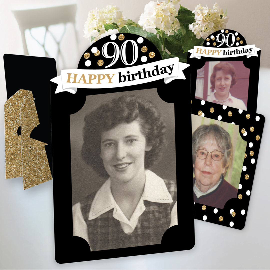 Adult 90th Birthday - Gold - Birthday Party 4x6 Picture Display - Paper Photo Frames - Set of 12