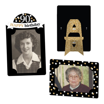 Adult 90th Birthday - Gold - Birthday Party 4x6 Picture Display - Paper Photo Frames - Set of 12