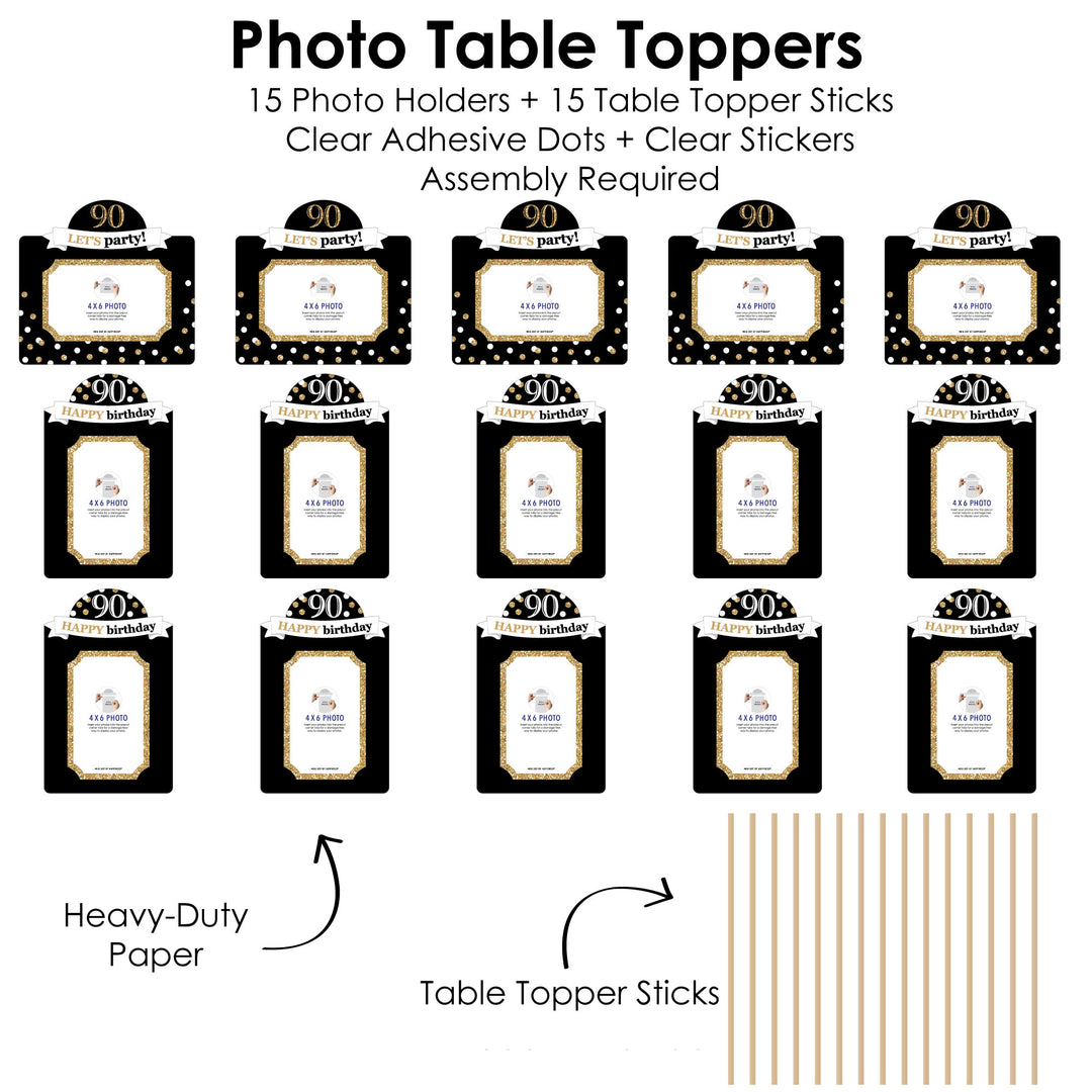 Adult 90th Birthday - Gold - Birthday Party Picture Centerpiece Sticks - Photo Table Toppers - 15 Pieces