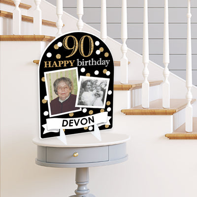 Adult 90th Birthday - Gold - Personalized Birthday Party Picture Display Stand - Photo Tabletop Sign - Upload 2 Photos - 1 Piece
