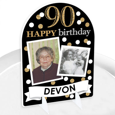 Adult 90th Birthday - Gold - Personalized Birthday Party Picture Display Stand - Photo Tabletop Sign - Upload 2 Photos - 1 Piece