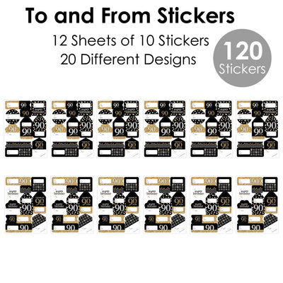 Adult 90th Birthday - Gold - Assorted Birthday Party Gift Tag Labels - To and From Stickers - 12 Sheets - 120 Stickers