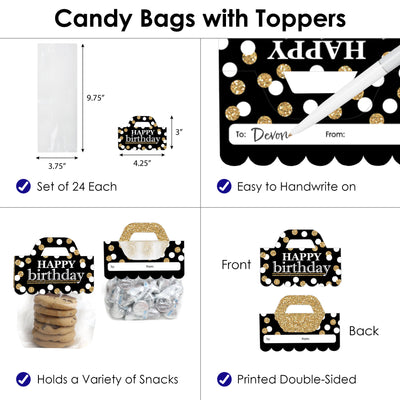 Adult Happy Birthday - Gold - DIY Birthday Party Clear Goodie Favor Bag Labels - Candy Bags with Toppers - Set of 24