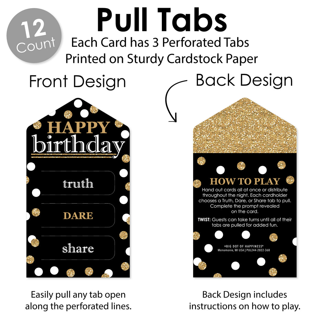 Adult Happy Birthday - Gold - Birthday Party Game Pickle Cards - Truth, Dare, Share Pull Tabs - Set of 12