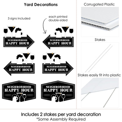 Neighborhood Happy Hour Signs - 2 Neighborhood Party Arrows and 1 Happy Hour Outdoor Lawn Sign - Doubled Sided Yard Signs - 3 Pieces