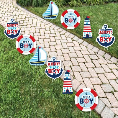 Ahoy It's a Boy - Anchor, Lighthouse, Sailboat, Buoy Lawn Decorations - Outdoor Nautical Baby Shower Yard Decorations - 10 Piece
