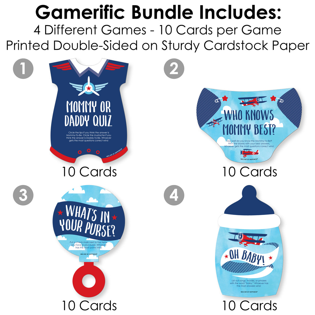 Taking Flight - Airplane - 4 Vintage Plane Baby Shower Games - 10 Cards Each - Gamerific Bundle