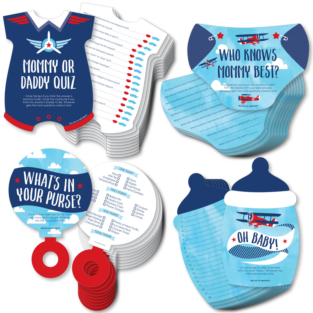 Taking Flight - Airplane - 4 Vintage Plane Baby Shower Games - 10 Cards Each - Gamerific Bundle