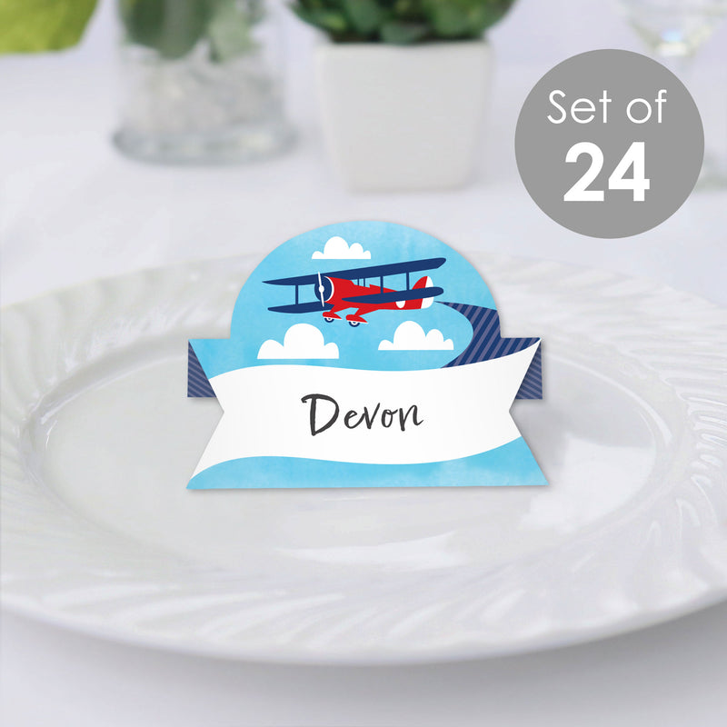 Taking Flight - Airplane - Vintage Plane Baby Shower or Birthday Party Tent Buffet Card - Table Setting Name Place Cards - Set of 24