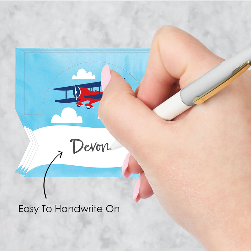 Taking Flight - Airplane - Vintage Plane Baby Shower or Birthday Party Tent Buffet Card - Table Setting Name Place Cards - Set of 24