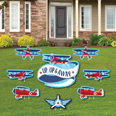 Taking Flight - Airplane - Yard Sign & Outdoor Lawn Decorations - Vintage Plane Baby Shower or Birthday Party Yard Signs - Set of 8
