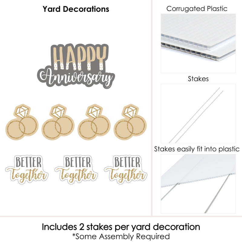 Happy Anniversary - Yard Sign and Outdoor Lawn Decorations - Gold and Silver Wedding Anniversary Yard Signs - Set of 8
