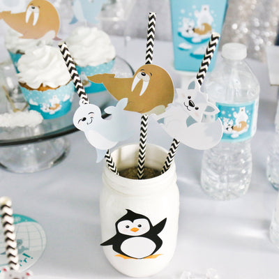 Arctic Polar Animals - Paper Straw Decor - Winter Baby Shower or Birthday Party Striped Decorative Straws - Set of 24