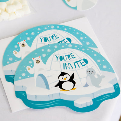 Arctic Polar Animals - Shaped Fill-In Invitations - Winter Baby Shower or Birthday Party Invitation Cards with Envelopes - Set of 12