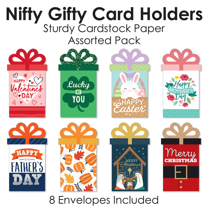 Assorted Seasonal Cards - All Holiday Assortment Money and Gift Card Sleeves - Nifty Gifty Card Holders - Set of 8