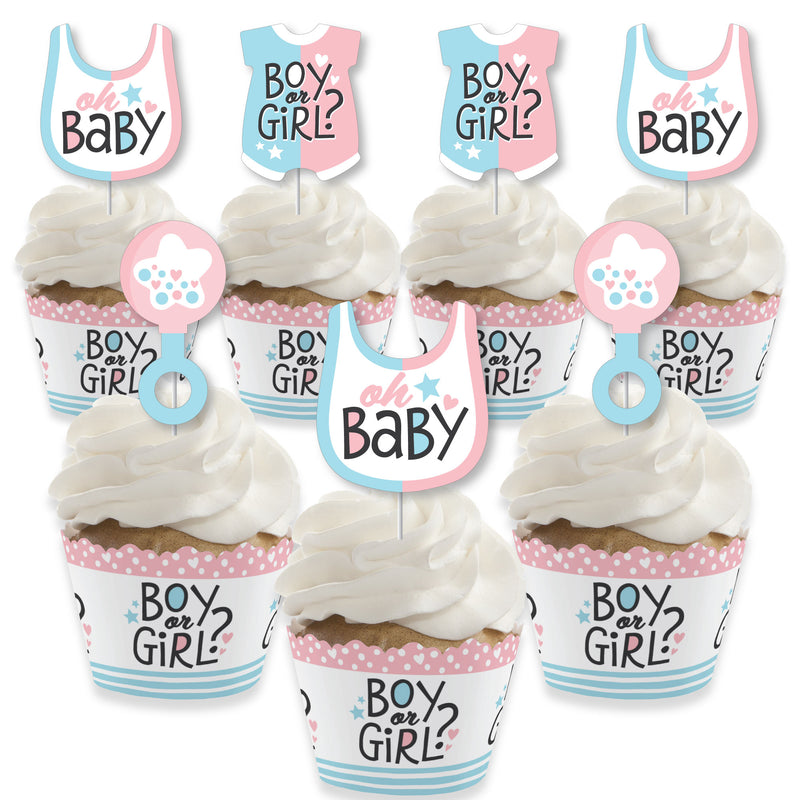 Baby Gender Reveal - Cupcake Decoration - Team Boy or Girl Party Cupcake Wrappers and Treat Picks Kit - Set of 24