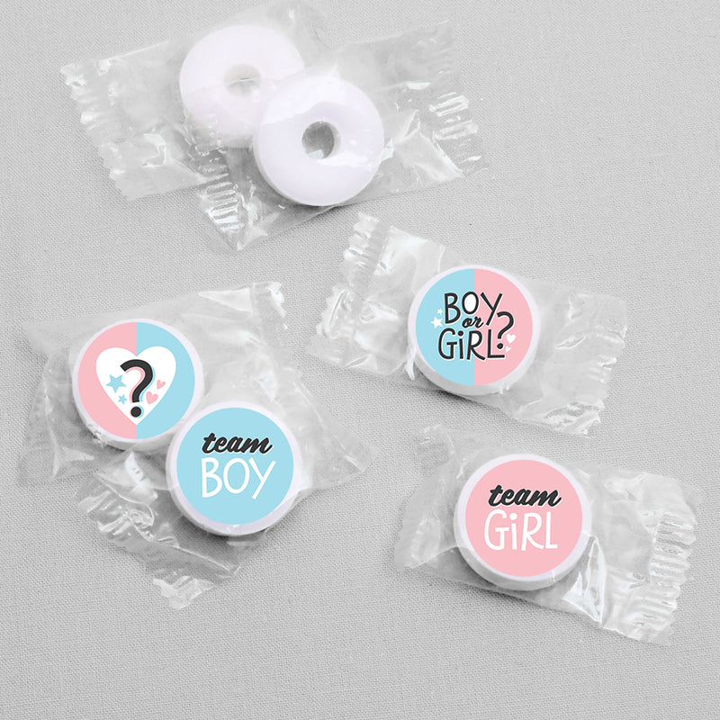 Baby Gender Reveal - Team Boy or Girl Party Round Candy Sticker Favors - Labels Fit Chocolate Candy (1 sheet of 108)
