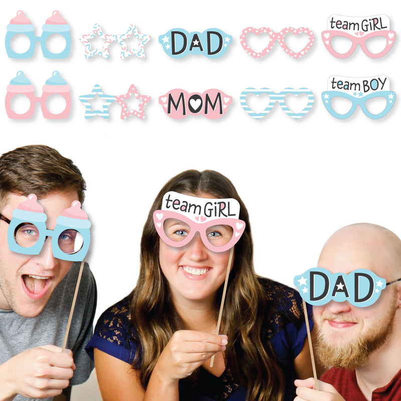 Baby Gender Reveal Glasses - Paper Card Stock Team Boy or Girl Party Photo Booth Props Kit - 10 Count