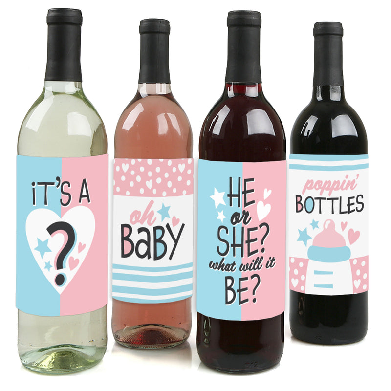 Baby Gender Reveal - Team Boy or Girl Party Decorations for Women and Men - Wine Bottle Label Stickers - Set of 4
