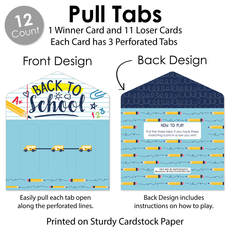 Back to School - First Day of School Classroom Game Pickle Cards - Pull Tabs 3-in-a-Row - Set of 12